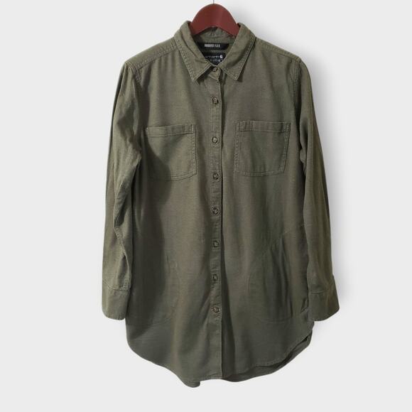 Carhartt Womens Rugged Flex Relaxed Fit Midweight Flannel Tunic Shirt Green Sz L - Picture 1 of 14
